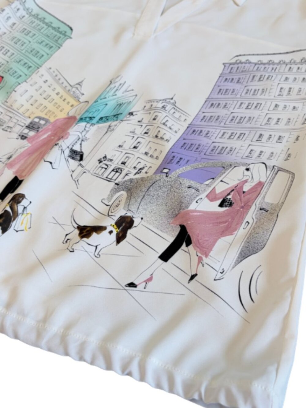 Aras Paris City Print Blouse Art Deco Collared Novelty Art White Pink Size 40 - Picture 3 of 13
